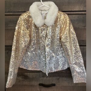 Disney Princess gold glitter white fur button jacket 5/6